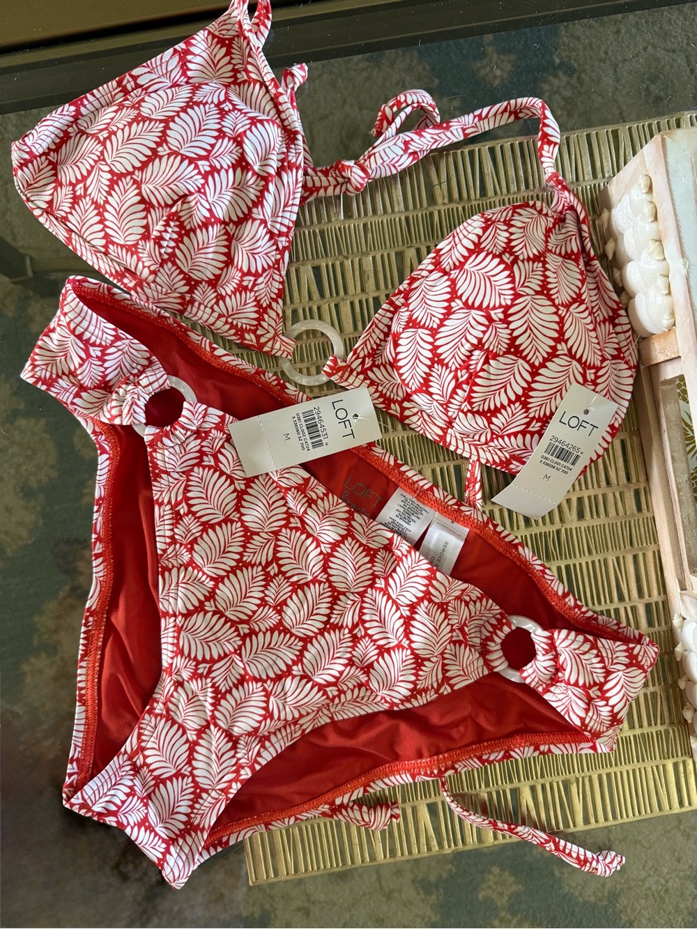 LOFT Red and White Leaf-Print Bikini Set with Ring-Detail Bottoms